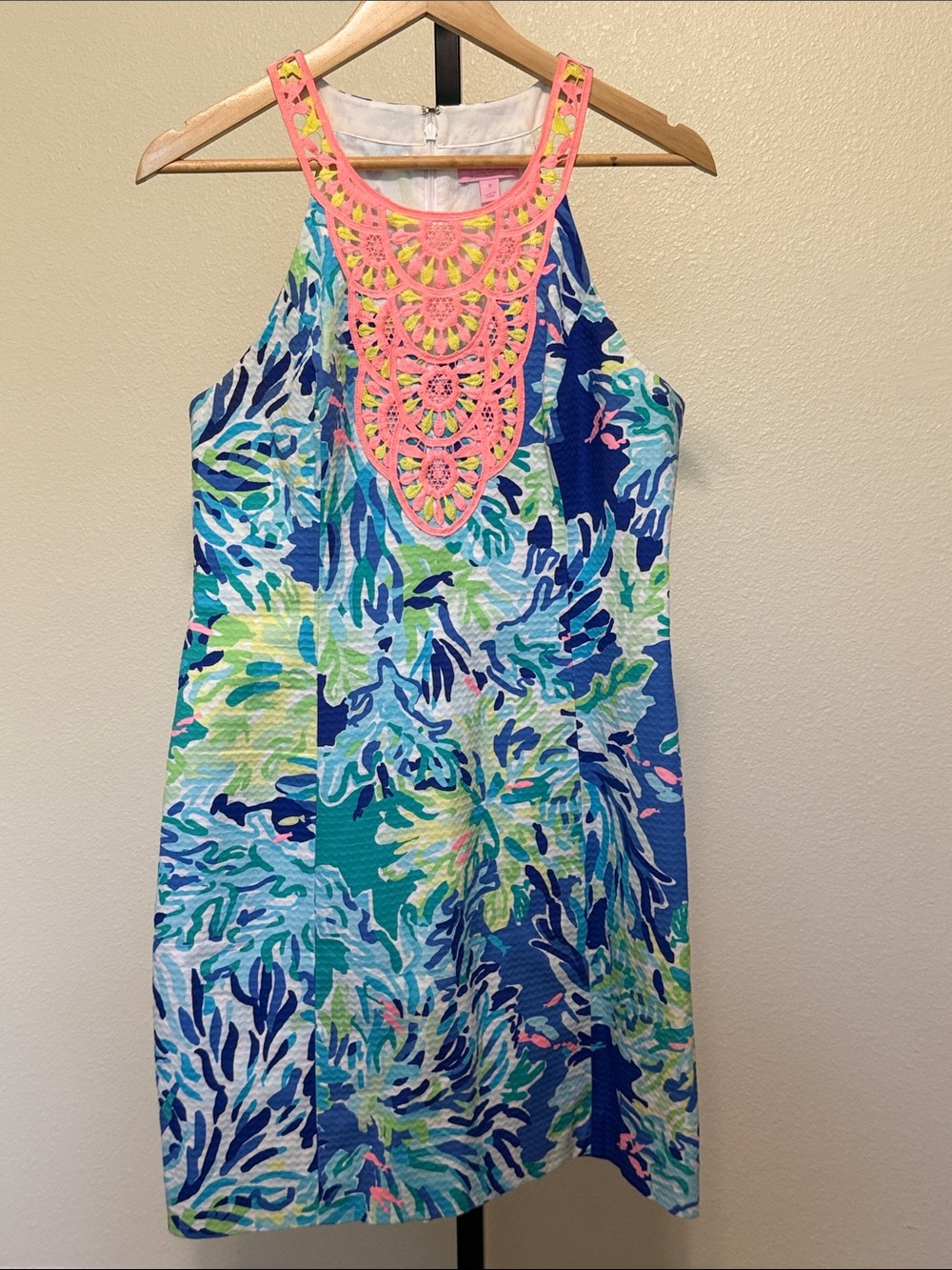 Lilly Pulitzer 💗Colorful Tropical Shift Dress with Pink Crochet Yoke